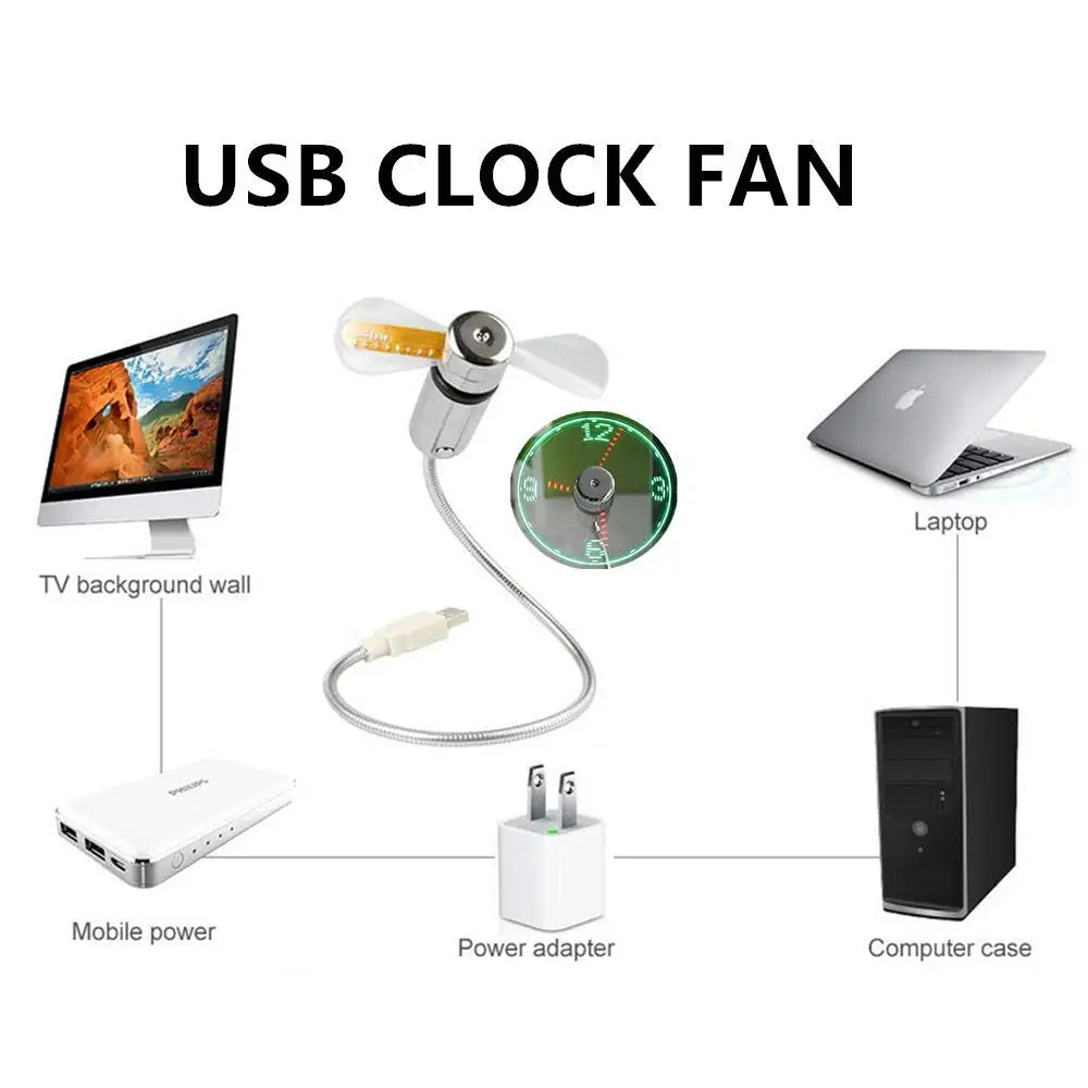 USB Clock Fan with Real-Time Clock & Temperature Display – Night Light USB Gadget for Laptop & PC