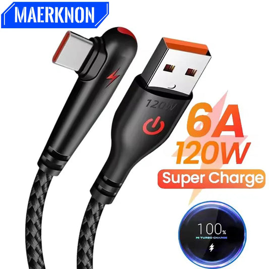 120W USB-C 90-Degree Elbow Cable - Fast Charging & Data Transfer for Samsung, Xiaomi, Huawei & More