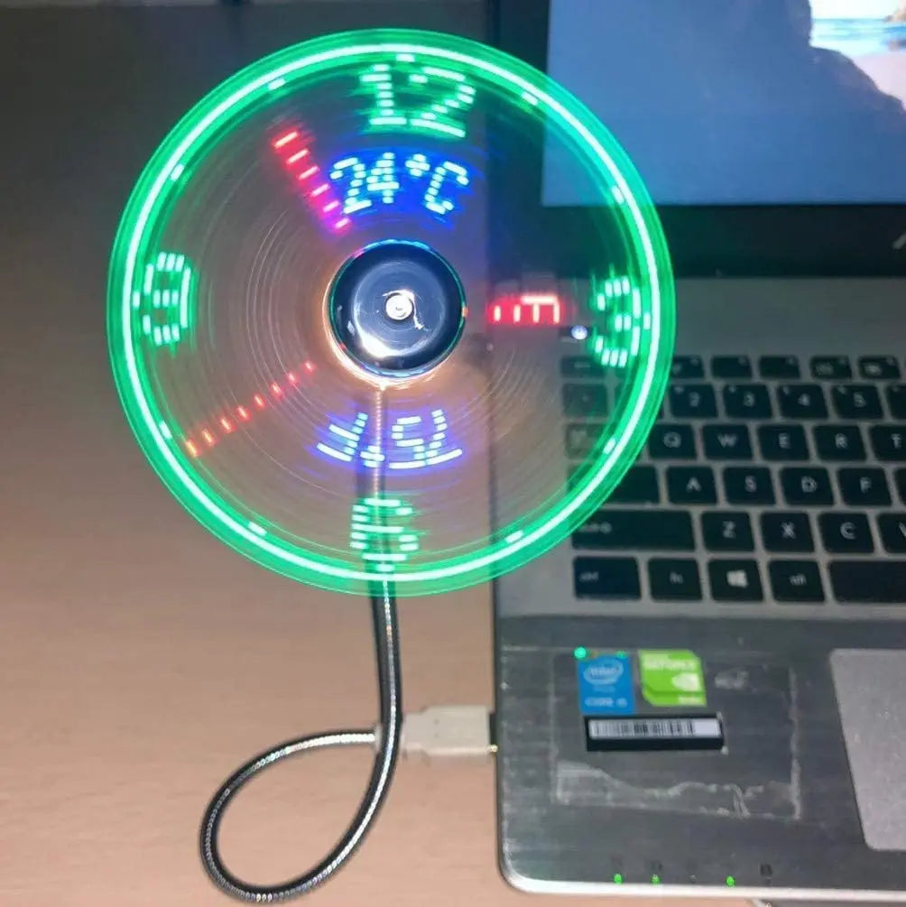 USB Clock Fan with Real-Time Clock & Temperature Display – Night Light USB Gadget for Laptop & PC